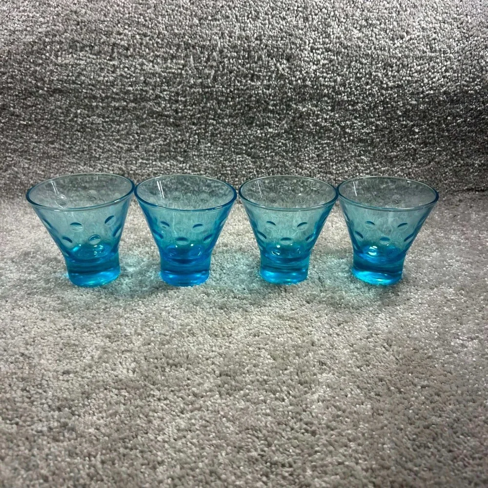 Shot Glasses Blue Thumbprint Coin Dot Textured Glass Set of 4‎